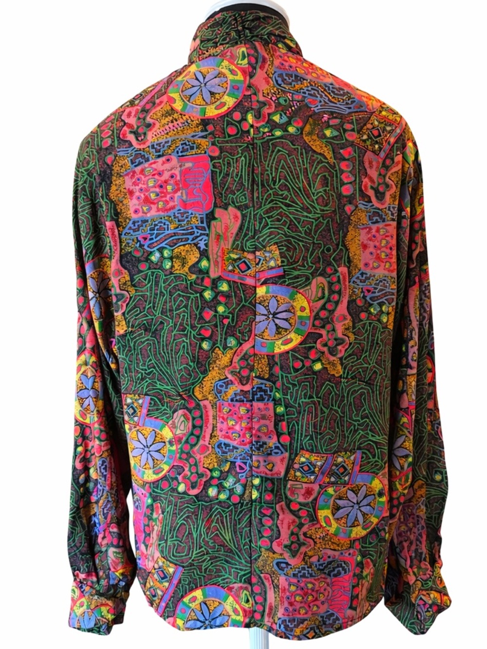 Vintage 80s Abstract Rayon Blouse Ruffle Neck Artsy Print USA Size 8 Statement - Picture 2 of 16